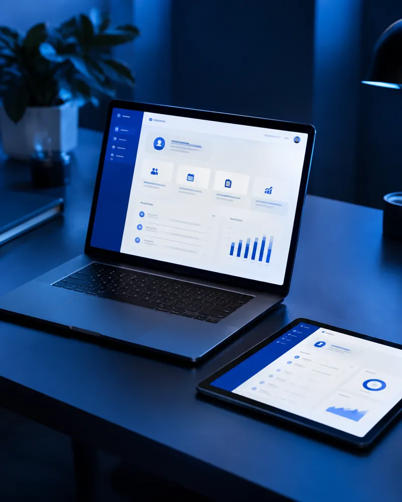 A laptop and tablet showing a member services dashboard on a dark desk
